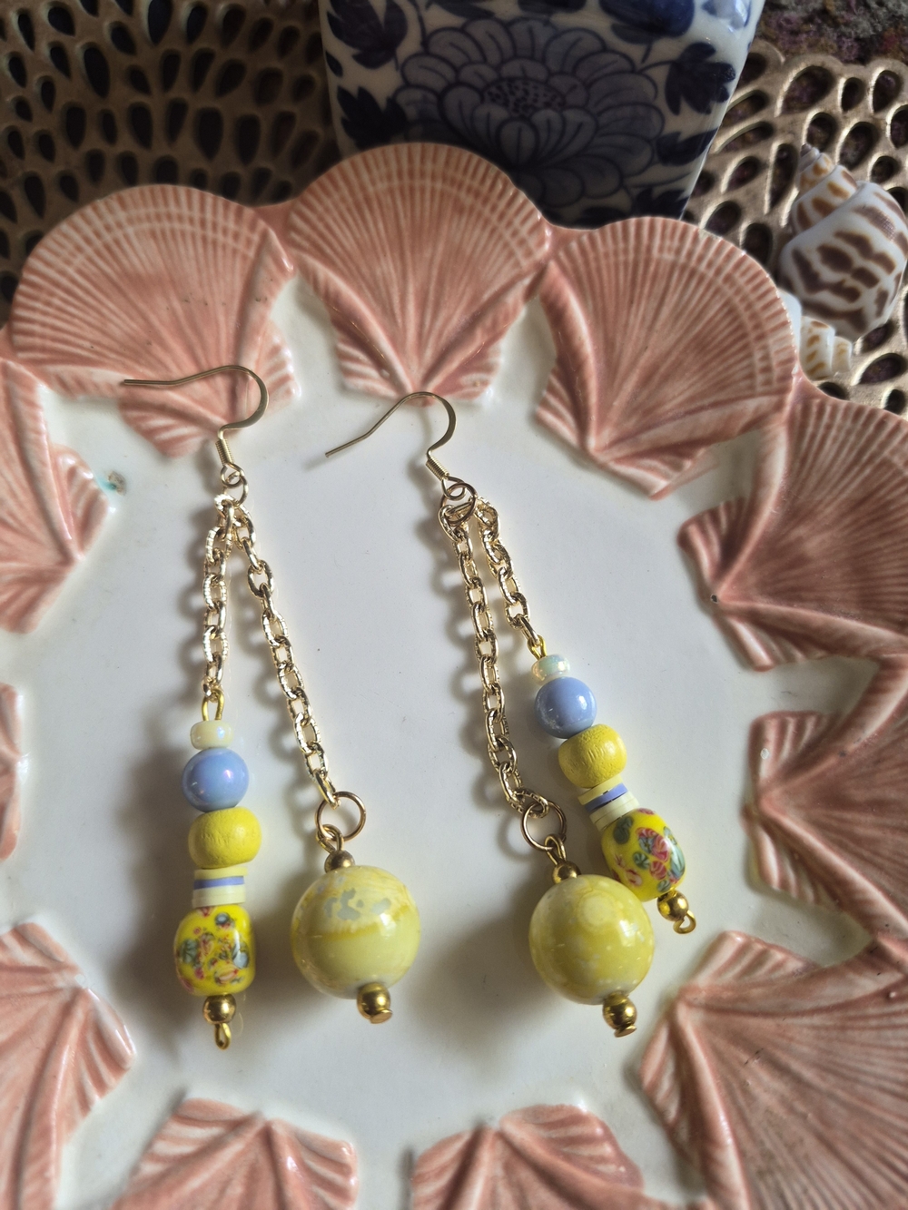 Gold-Chain Yellow Bead Drop Earrings with Blue Accents